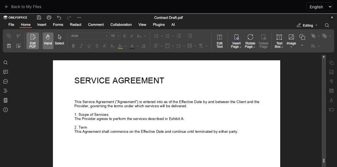 Editing a PDF document in myoffice